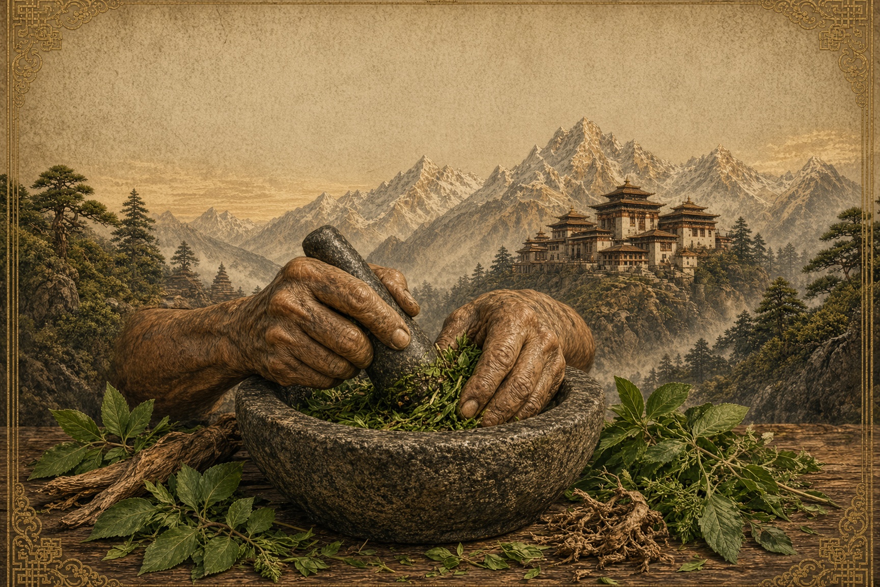 Hands grinding medicinal herbs in a stone mortar