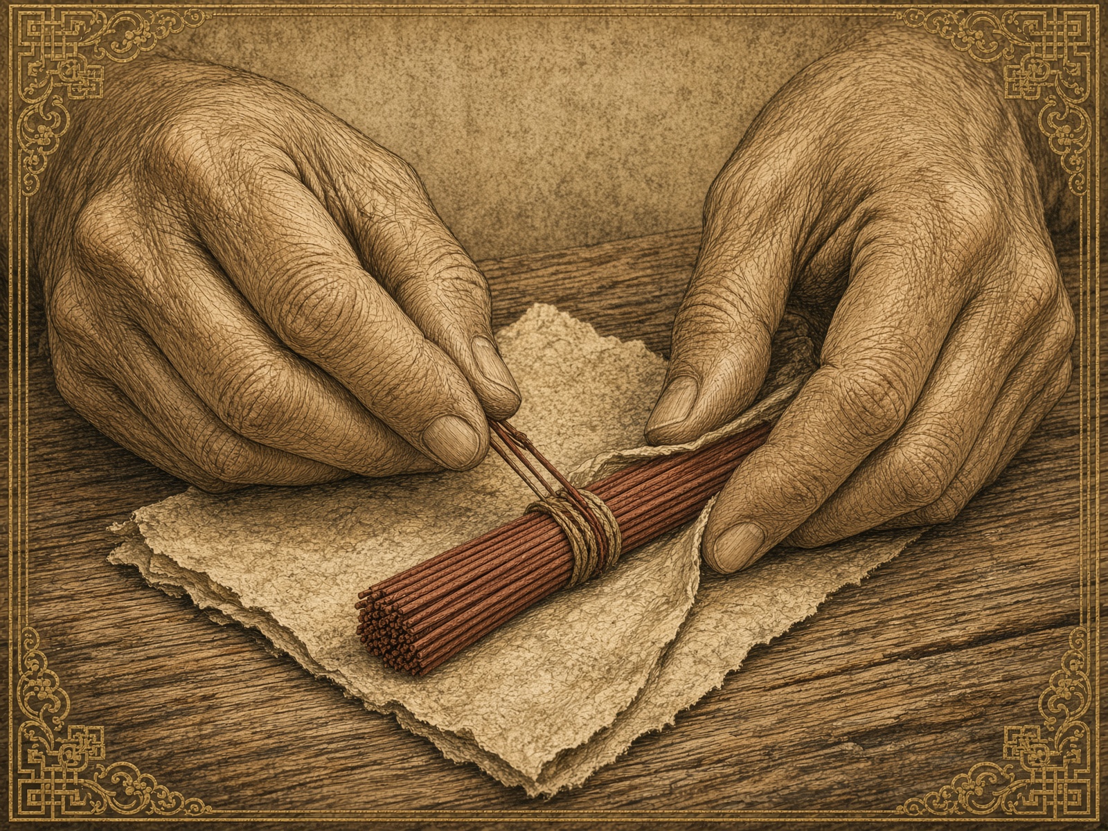 Handmade paper being folded around incense sticks
